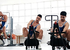 Sporty males share the gym for naughty anal workout