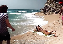 Topless Black Playgirl Oiled Up on the Beach... His Hands Slip Below Her Bikini