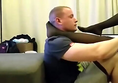 German Mistress In Nylon Stockings Makes Her Sexy Male Slave Swallow Her Foot