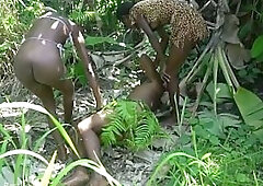 two slender Afro tribe babes waking up a slothful villager and started playing with his weenie