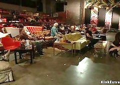 Blonde slave Mona Wales is spanked and disgraced by dom Princess Donna Dolore and master John Strong in public theater and made to fuck big dick for c