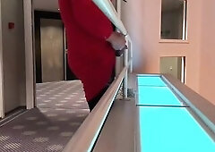 I tied myself to a handrail in public area / hotel atrium and later I went outside to further expose.