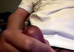 Cute boy cumming on black socks and T-shirt