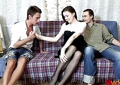 Watching his charming girlfriend try on a fresh erotic underware set gives this lascivious chap an idea to play a kinky sex game where this babe'