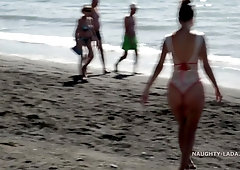 Naughty Russian MILF in Spain at the beach in see thru swimsuit - After beach - Public