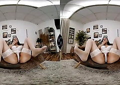 VR Porn - Solo Slutty Brunette hair In White Nylons Touching Her Shaggy Snatch