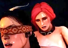 Redheaded hotty with a large shlong screws a hot brunette hair with tiny boobs.