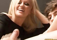 CFNM femdom blond chicks jerking shlong with aid from aged