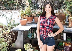 Big-boobed brunette Gabriela Lopez nicely plays with her shaved pussy