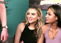 British babes in CFNM group handjob session tease and milk a lucky guy's throbbing cock