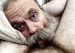 Eye contact, mature old grandpa, blowjob cum swallow