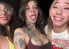 Cowgirl Hilary sneaks away from the stream to fuck behind her friends' backs.