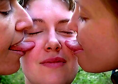 Wet licking and kissing session in outdoor lesbian threesome