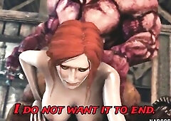 Round butt redhead sweetheart Triss enjoying hard action with large dicked alien dude in his own dungeon.