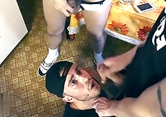 brief bareback gangbang in the kitchen