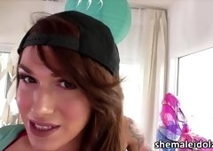 Redhead tranny Aspen sucks a chunky cock and she gets rammed