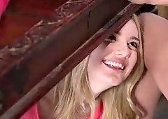 slutty kenna sucks cheries wet pussy under the table