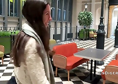 Katty West takes on a deep throat casting challenge in a mall bathroom