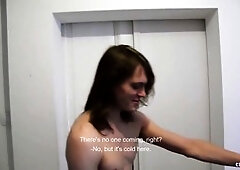 Dark-haired beauty enjoys bareback outdoor anal with a twist