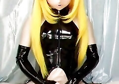 Girl in a kinky futanari costume jerking her cock off