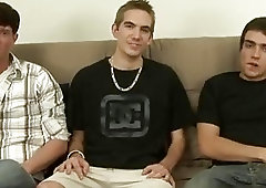 Dashing gay guys strip naked for a dick sucking threesome