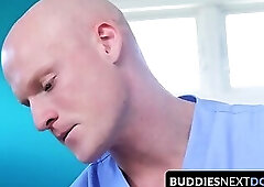 Bald masseur massages and rides his hunky client's thick cock