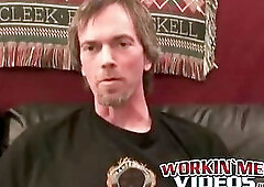 Hairy amateur jerks off and cums naked after an interview