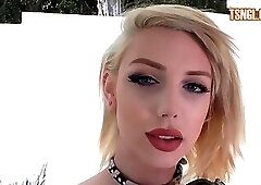 Thin teen shemale masturbates