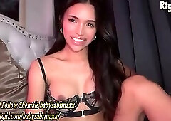 slender filipina trans hottie with big tits tugs her cock