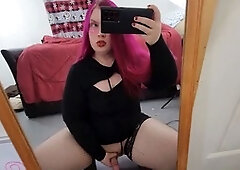Curvy trap PinkyLikes2Play masturbates in front of a mirror