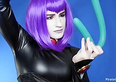 Ayn Marie in Raven cosplay pleasures herself with a green dildo on a purple satin bed