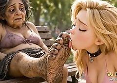 A pretty woman kneels square and licks a street woman's ribald feet until they are clean. Open-air foot worship with her tongue on bawdy soles.