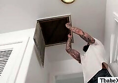 Two horny shemales Lola Morena and Kasey Kei traps the aircon cleaner to have threesome sex with them.They start sucking each others big cock and then