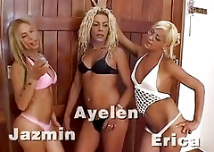 Three blonde Latina shemales roughly gangbang the ripped guy outdoors