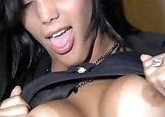 Sexy latin shemale with tan lines ass fucked super deep