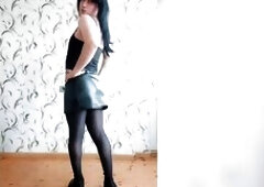 Nice-looking Gothic Princess Femboy in Leather Petticoat and Sexy Tights Pleasing Gracious Body