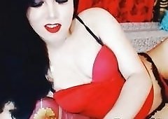 Asian ladyboy in red dress chats and wanks on webcam