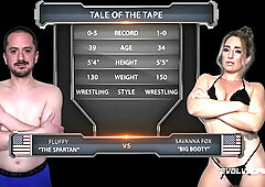 Savannah Fox dominates a submissive man in a wrestling ring while another watches