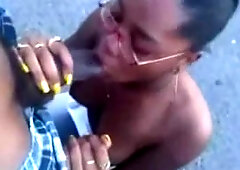 Ebony slutty girlfriend gave me a blowjob outside of my car