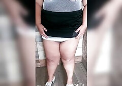 My cute obese gal showing off her massive bazookas in a fishnet blouse, as well as her fleshy twat in her open strap.