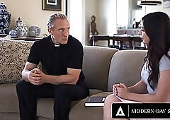 Handsome priest is about to fuck a smoking hot, married woman in the ass, on the couch