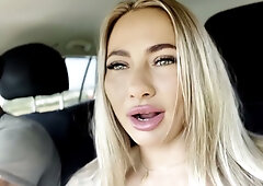 Tattooed blonde moves from car seat to grass for intense oral and handjob