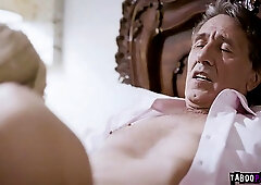 Busty blonde beauty with nice tits gets her hairy pussy pounded by older cock