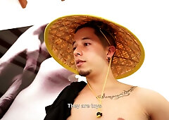 Blonde tattooed woman rides a farmer in a modern room after being picked up