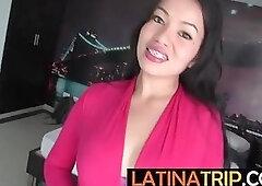 Sexy big ass Latina teen in red top gives sloppy blowjob and takes it deep