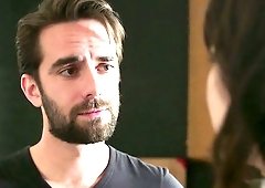 Naughty pallid brunette disturbs her BF and lures him for sex