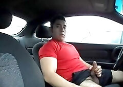 Hairy latino stud strokes in his car