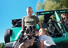 Zoey Uso and Valentine Vixen pleasuring cocky dude outdoors