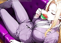 A breathtaking golden-haired boss in a tailored purple costume, navigating between futuristic green neon corridors and bright offices. Carrying her br