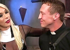 Fetish blonde shemale fucks a priest who's into some BDSM